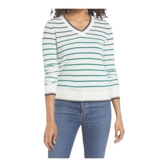 1901 COTTON V-NECK SWEATER IN IVORY- NAVY GREEN STRIPE Super Soft  NWT - Picture 1 of 6